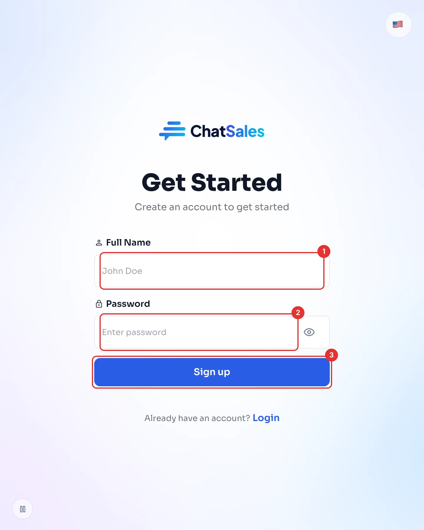 ChatSales sign-up form with full name, password and the Sign up button