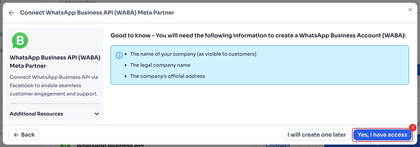 List of company details needed to create the WhatsApp Business Account