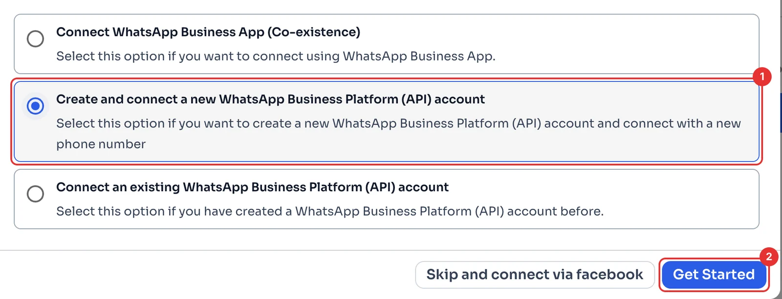 The three ways to connect the API, with Create and connect a new account selected