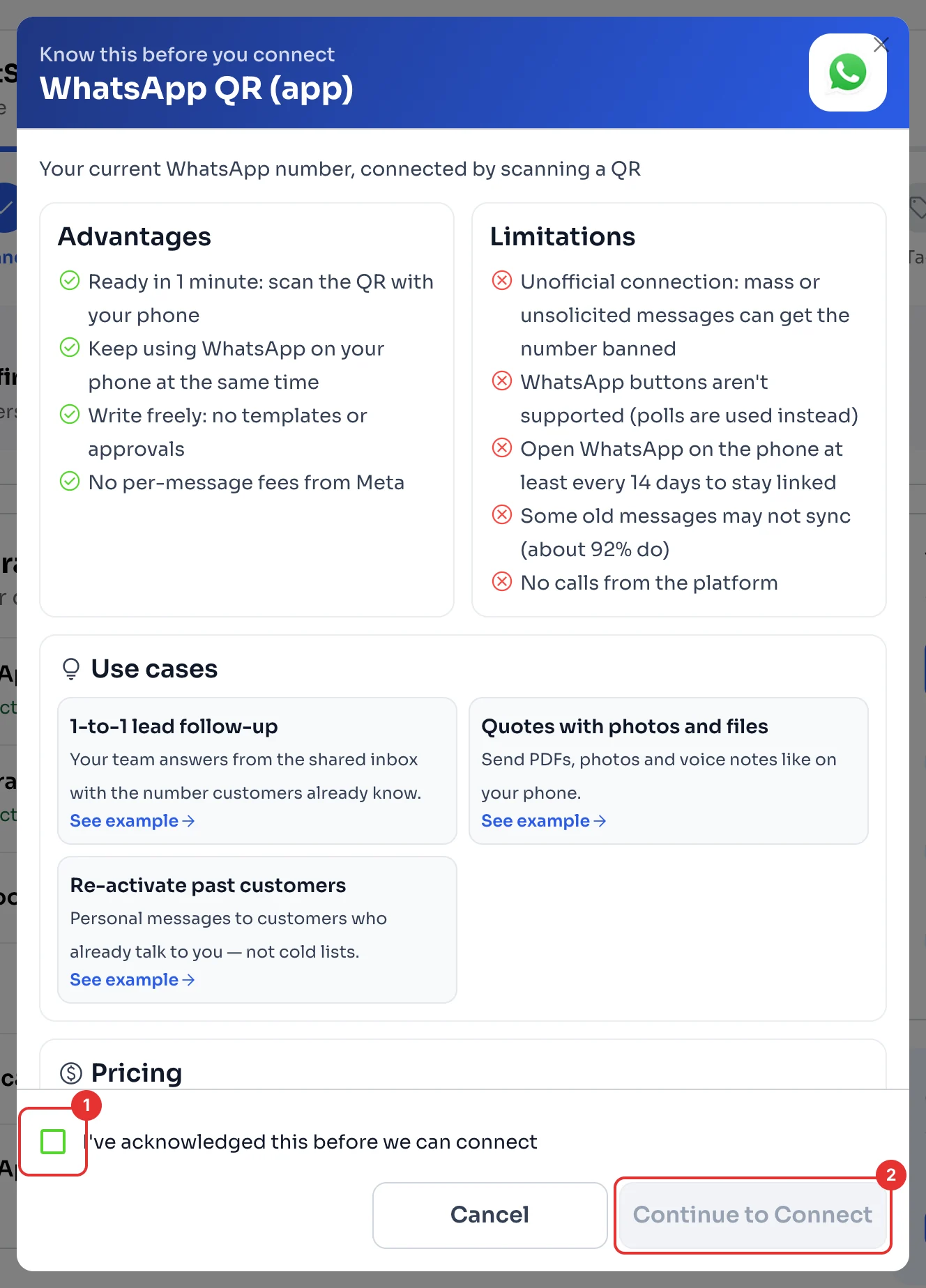 ChatSales window before connecting WhatsApp QR, with advantages, limitations and the connect button