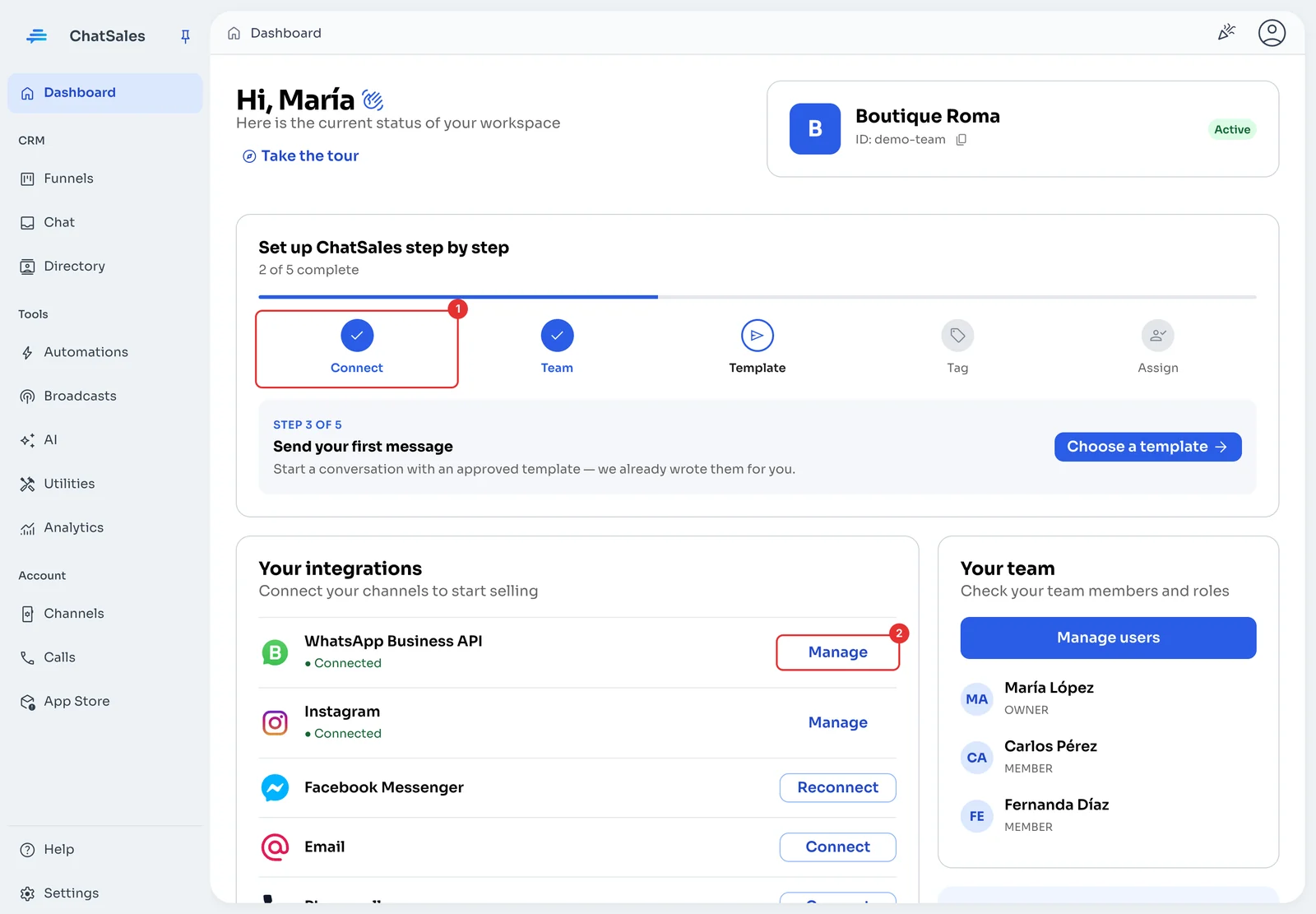 ChatSales Dashboard with the step-by-step guide and the integrations status