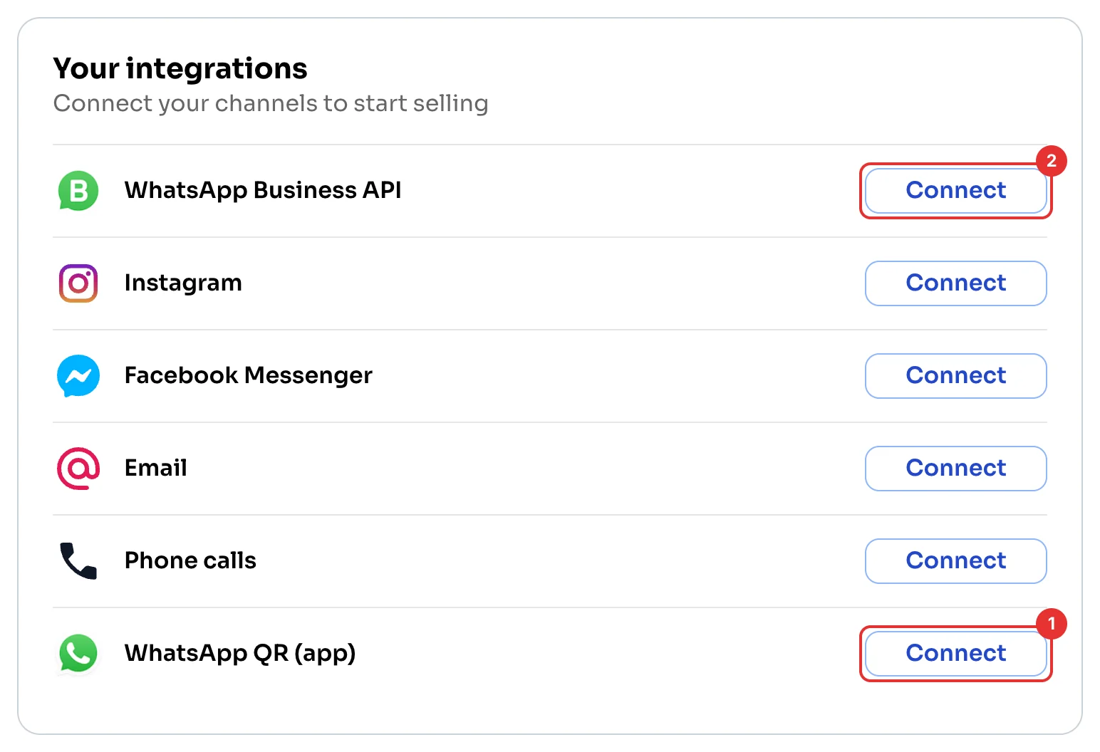 Your integrations card with WhatsApp QR (app) and WhatsApp Business API