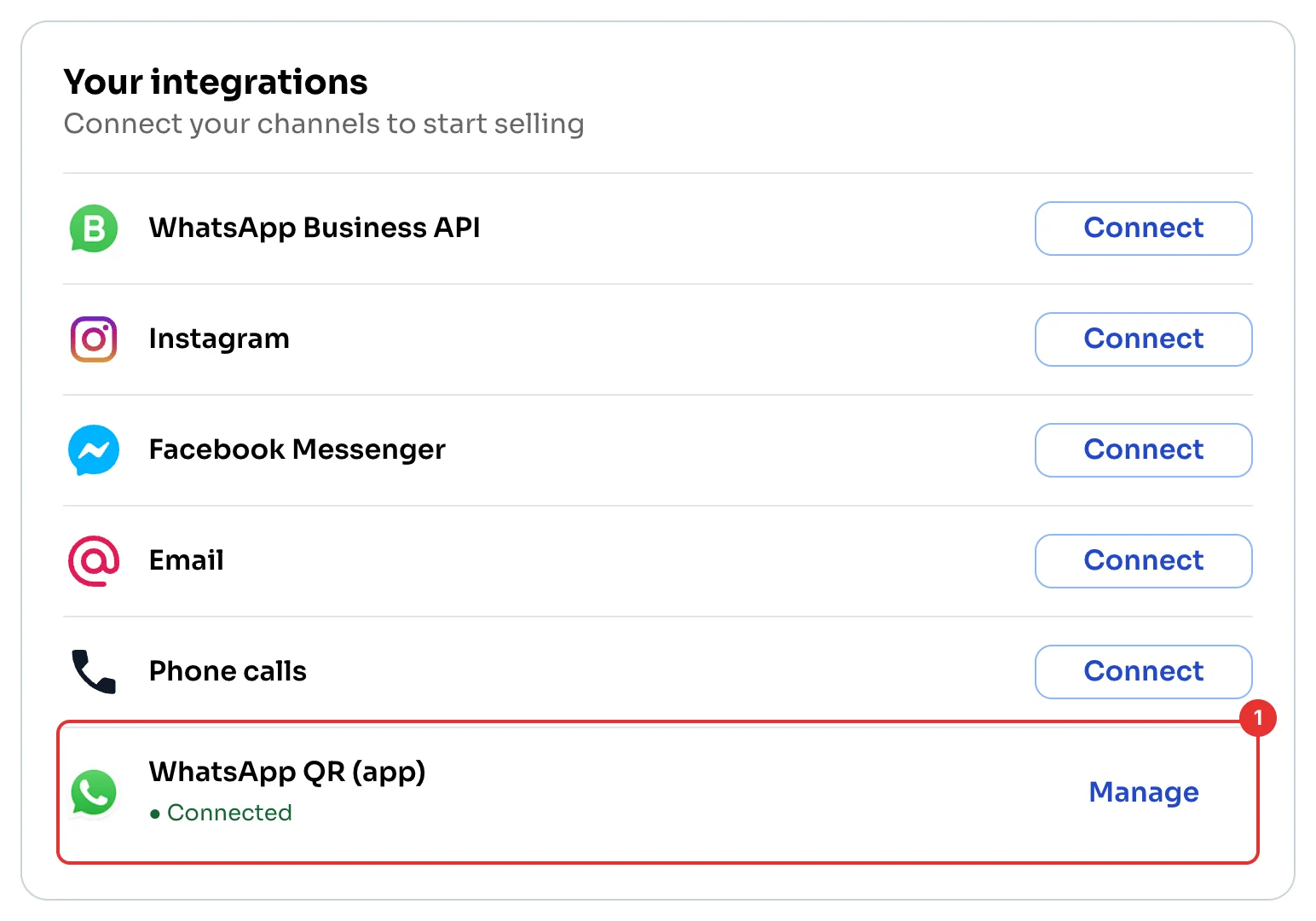 WhatsApp QR (app) connected in Your integrations