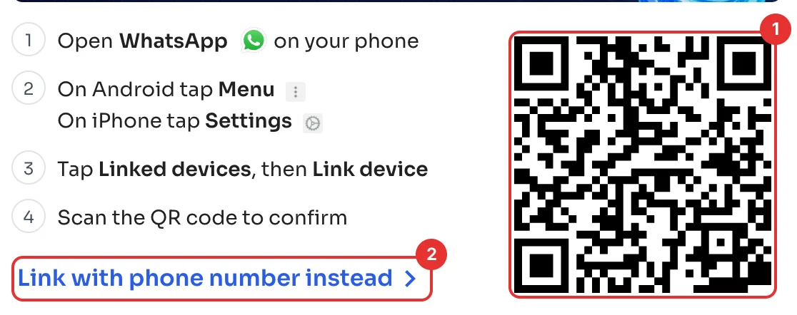 Linking steps and QR code, with the Link with phone number instead link