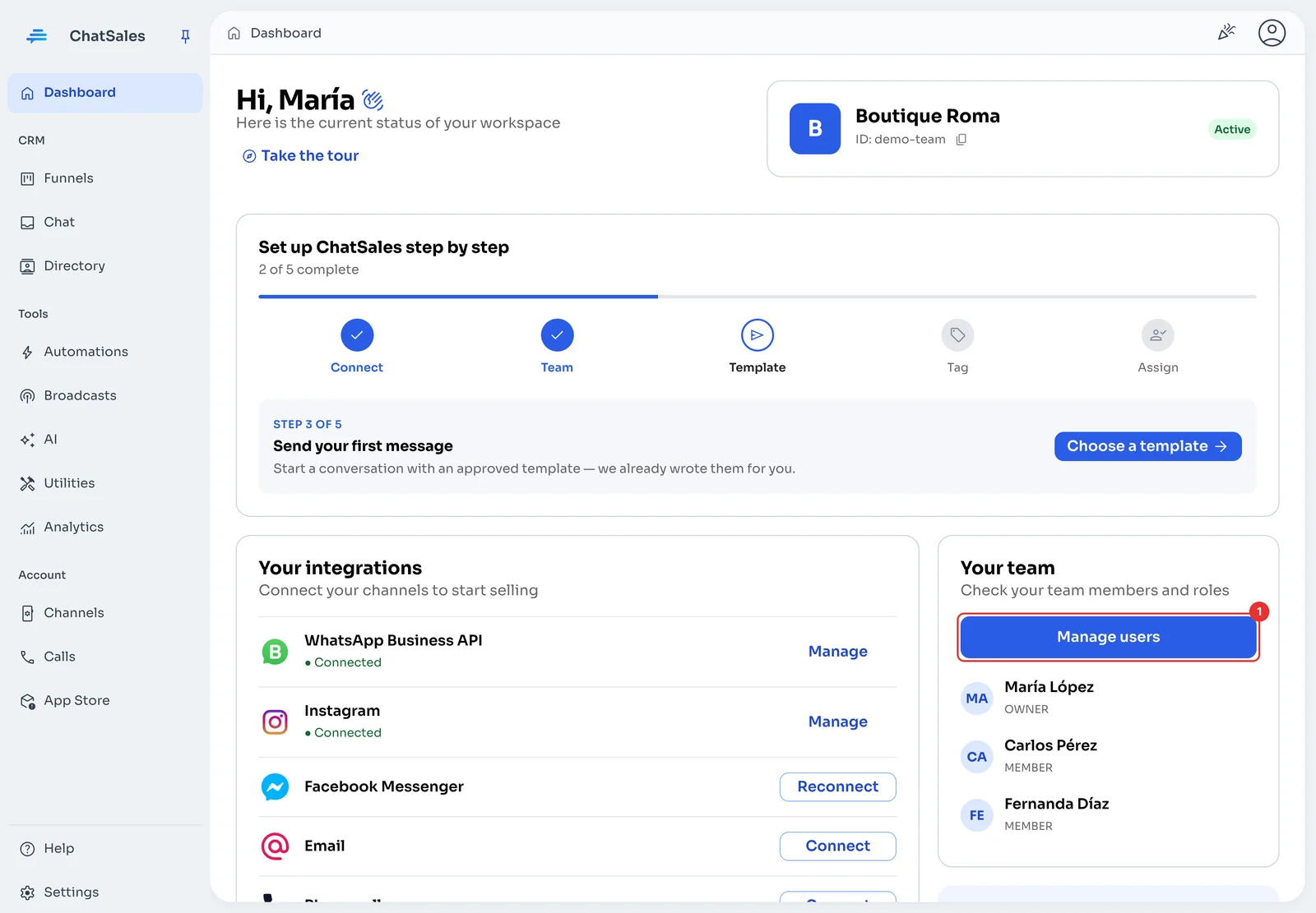 ChatSales Dashboard with the Your team card and the Manage users button
