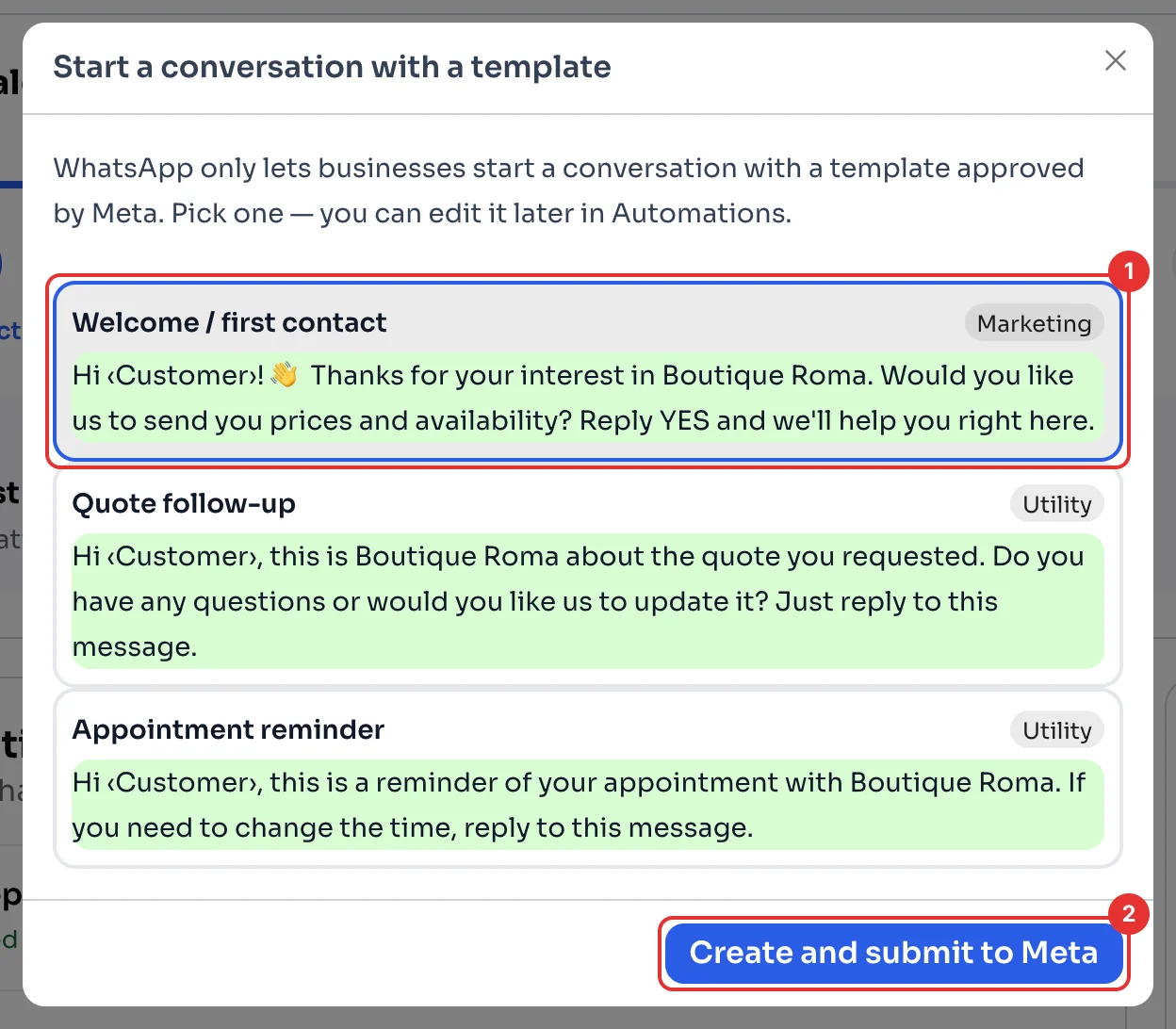 Start a conversation with a template window, with three ready templates and the Create and submit to Meta button