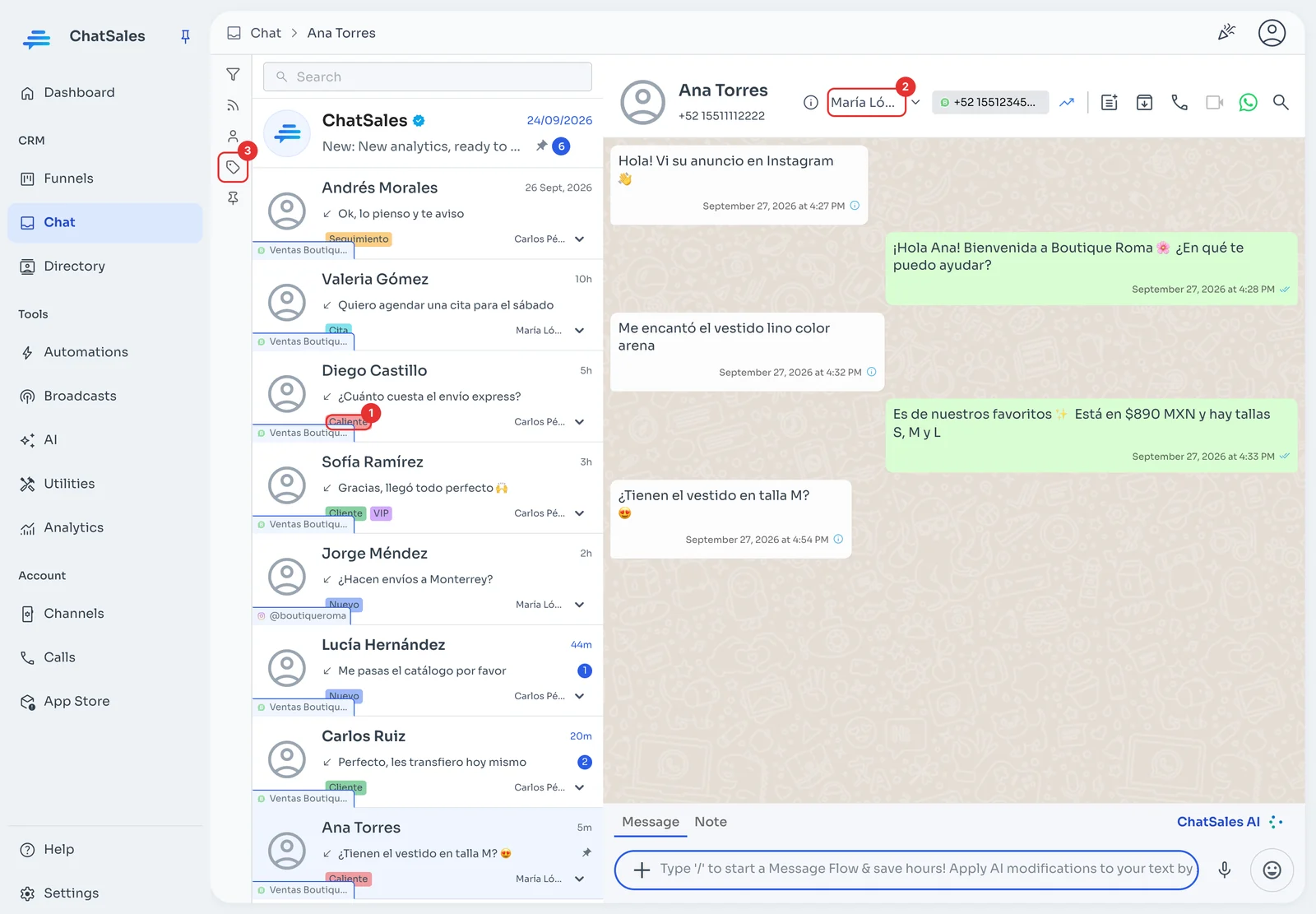 ChatSales chat inbox with tags in the list and the assigned agent in the header