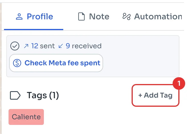 ChatSales contact panel with the Tags section and the Add Tag button