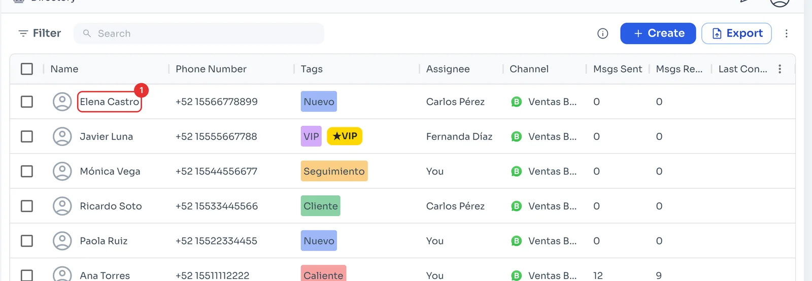 Directory with the imported contacts at the top of the list