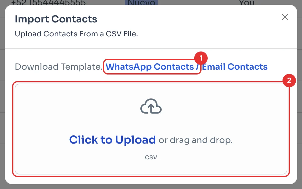 Import Contacts window with the WhatsApp Contacts template and the upload area