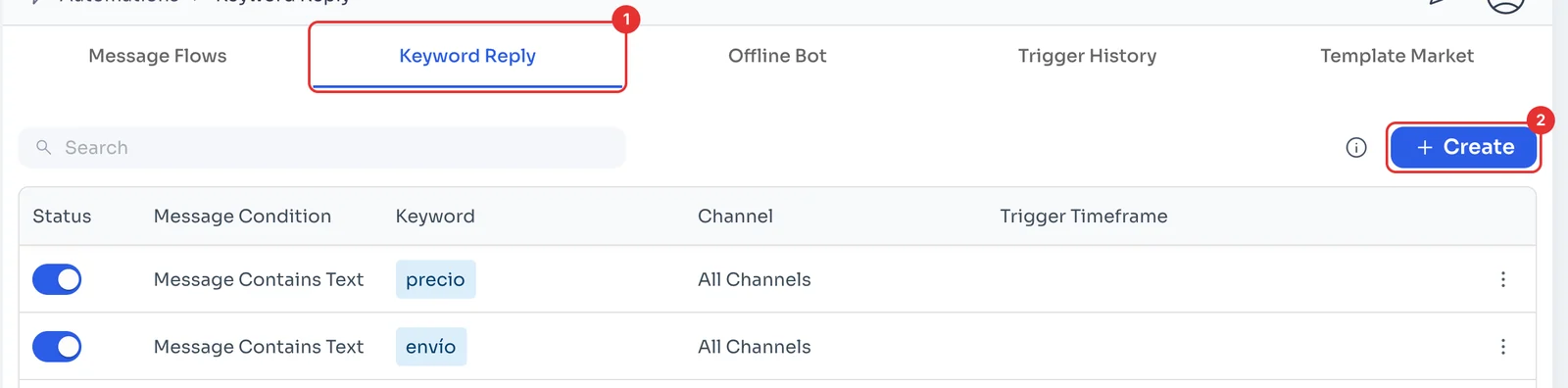 Keyword Reply tab with the list of rules and the Create button