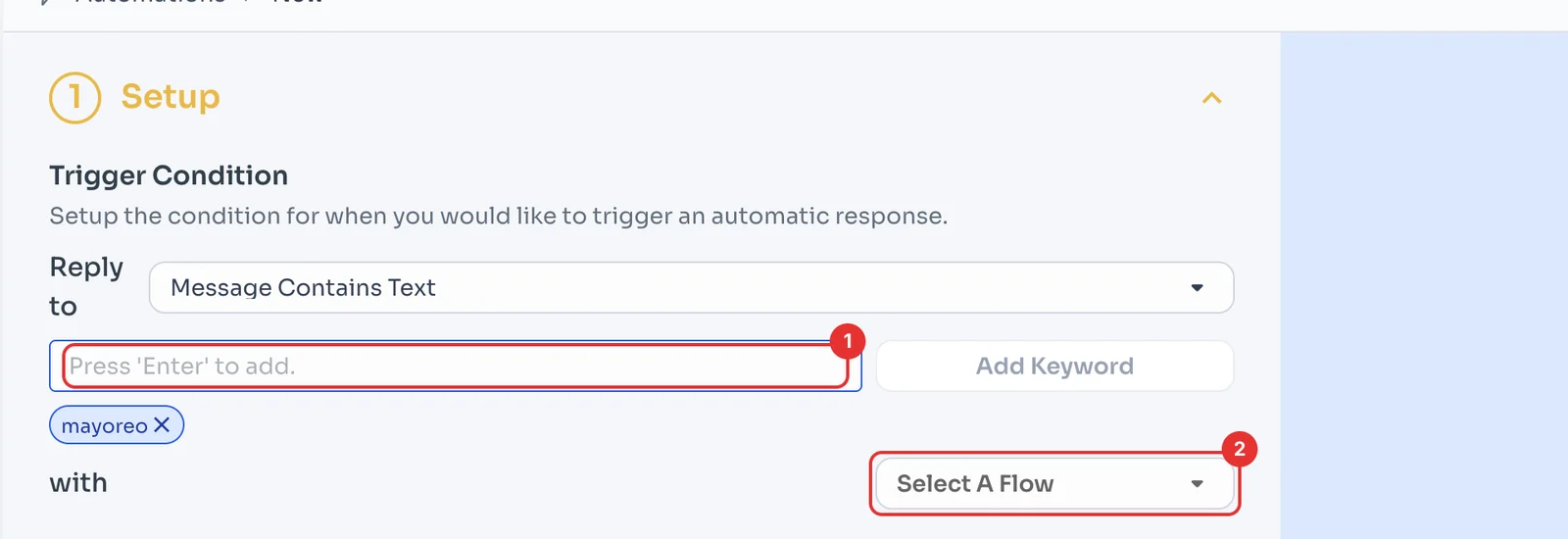 New keyword reply with the keyword added and the flow selector