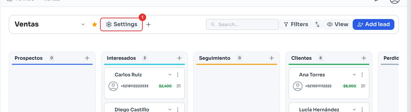 Ventas pipeline with its stages and the Settings button