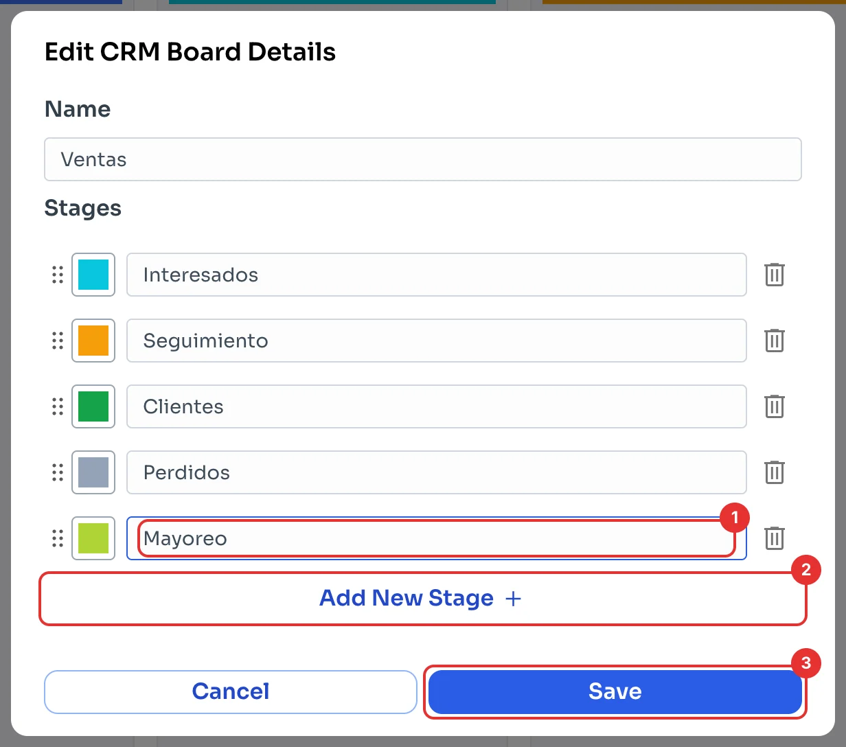 Edit CRM Board Details window with a new stage and the Save button