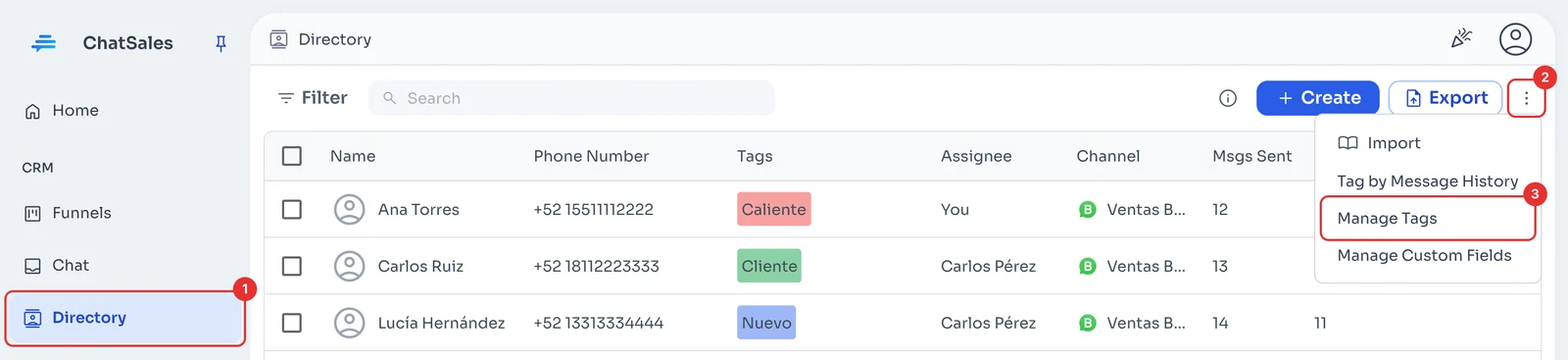 Directory with the three-dot menu open and the Manage Tags option