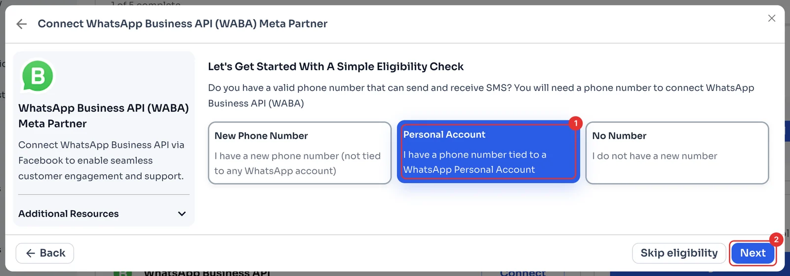 Eligibility check with Personal Account selected