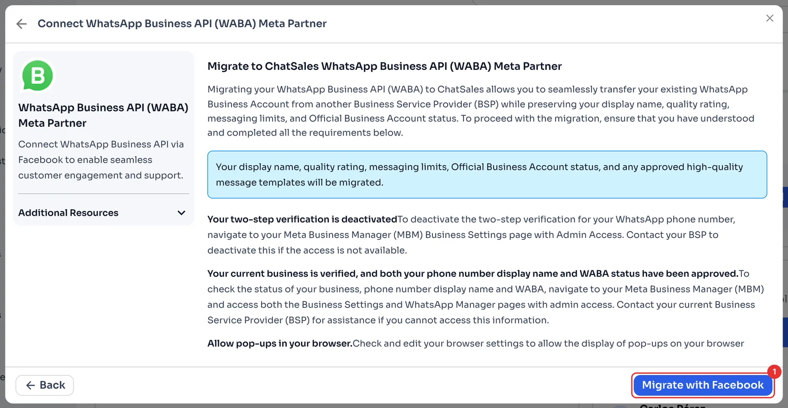 Migration requirements and the Migrate with Facebook button