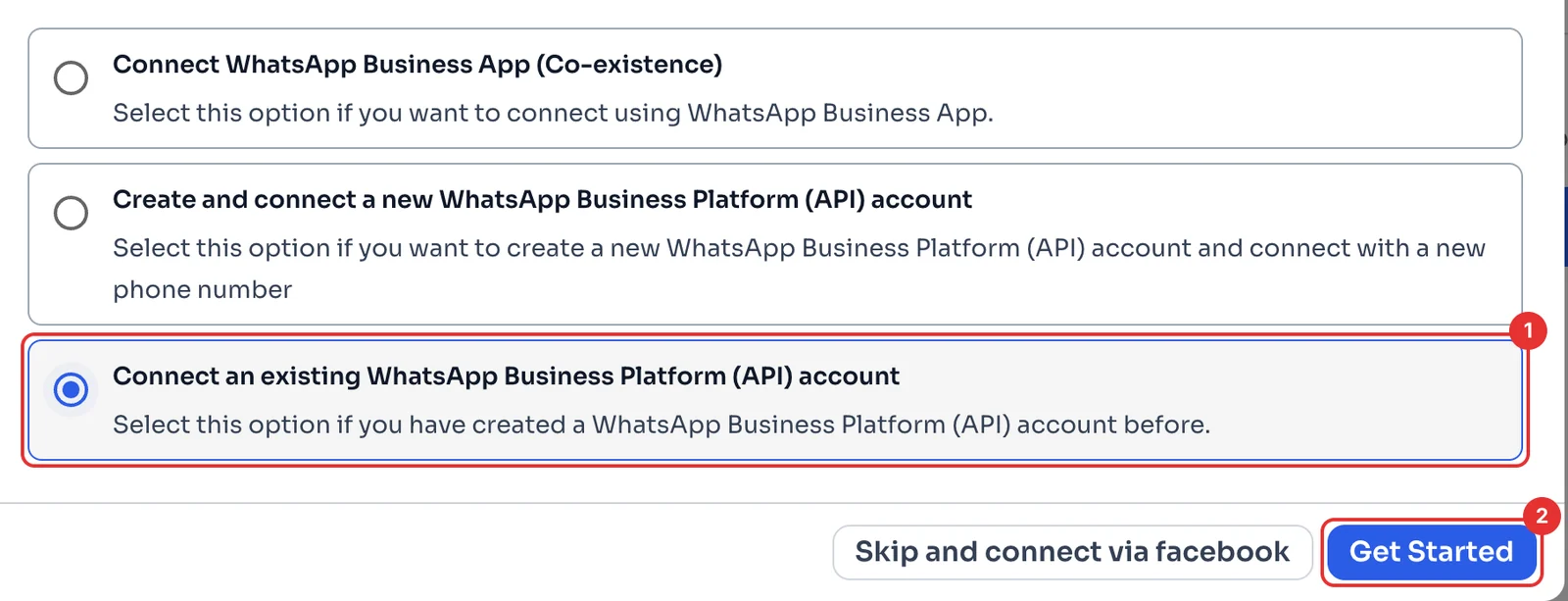 The three ways to connect, with Connect an existing account selected