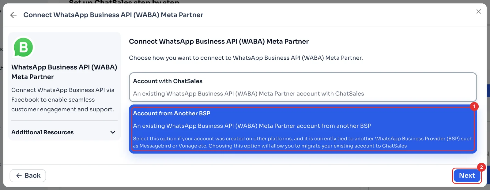 Account with ChatSales and Account from Another BSP options