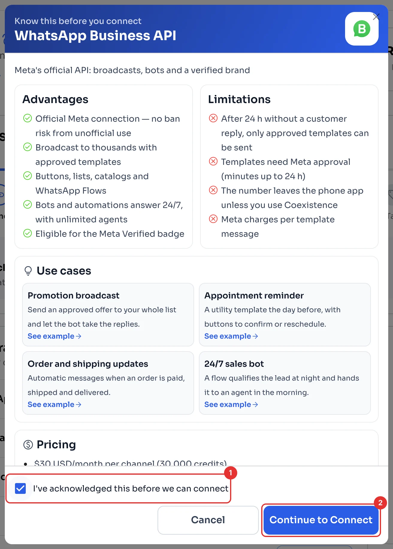 Know this before you connect window for WhatsApp Business API