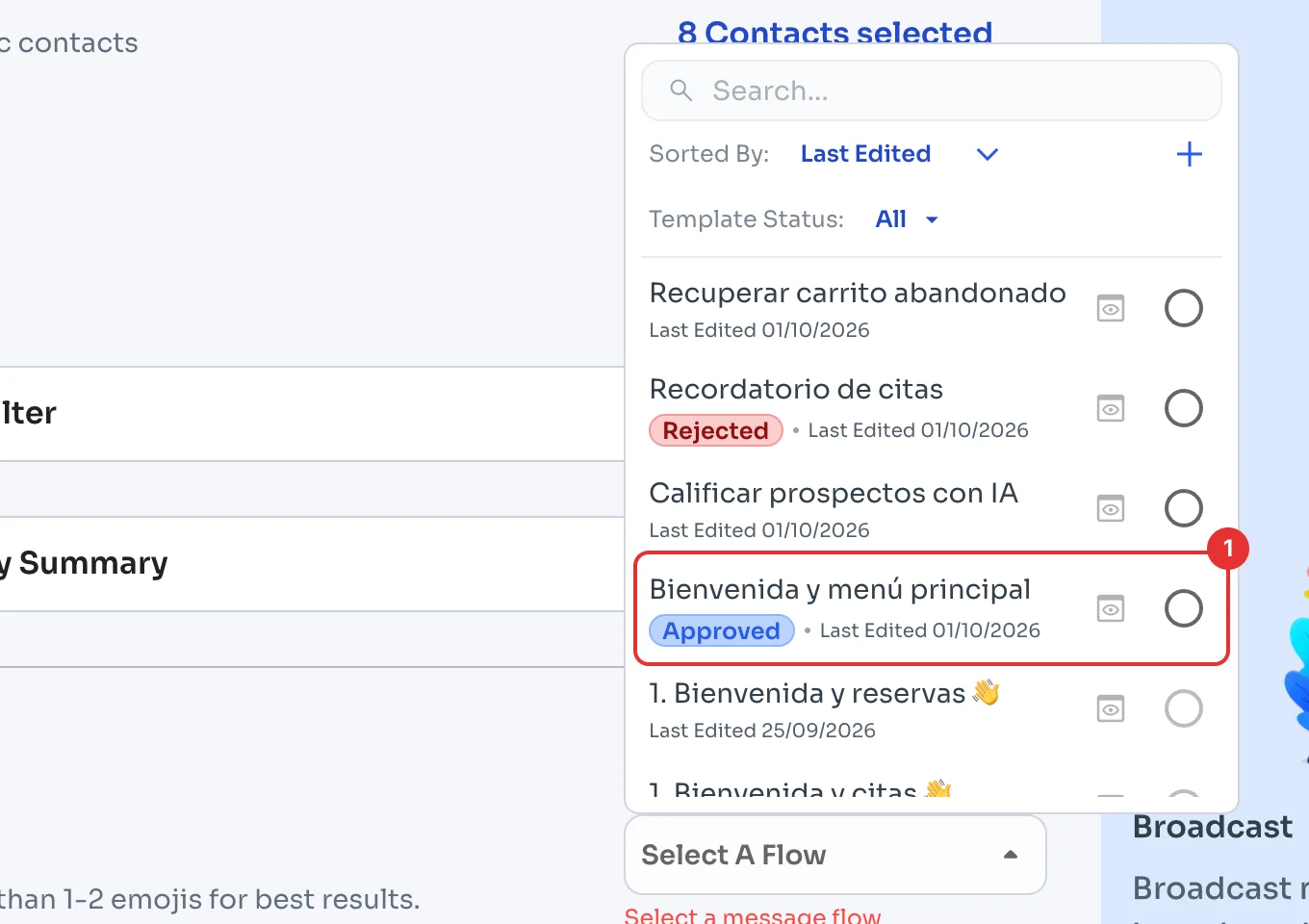 Message flow list with an Approved template marked