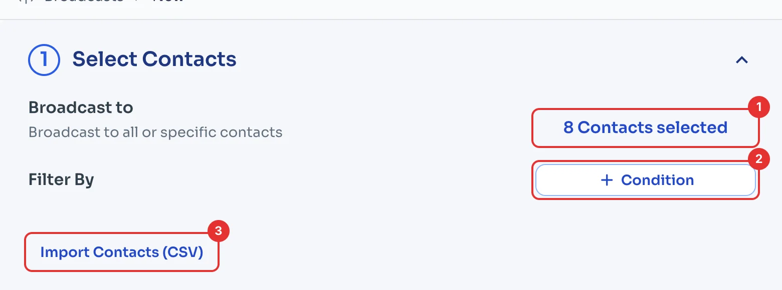 Select Contacts section with the selected contacts, Condition and Import Contacts