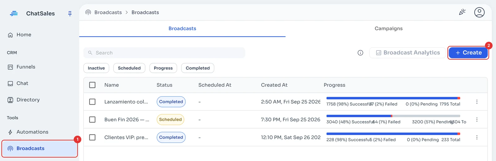 Broadcast list with the Broadcasts menu and the Create button