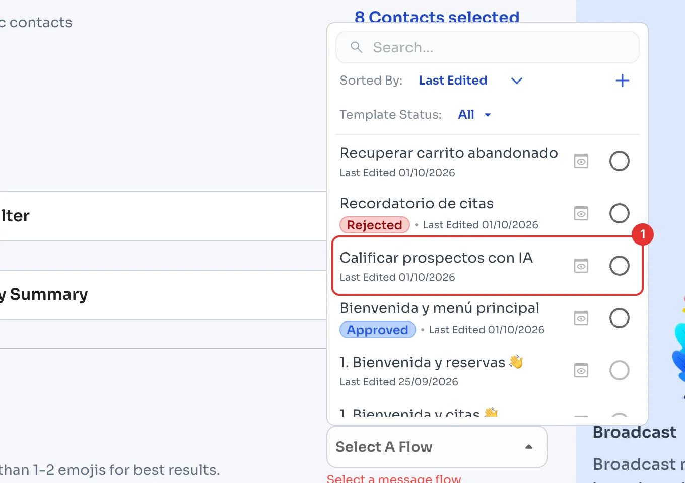 Message flow list with a message marked