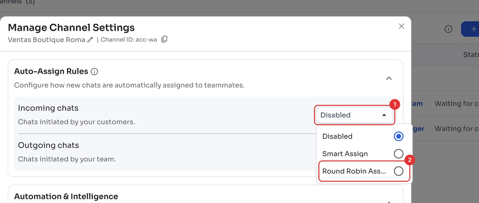 Incoming chats list with Disabled, Smart Assign and Round Robin Assign