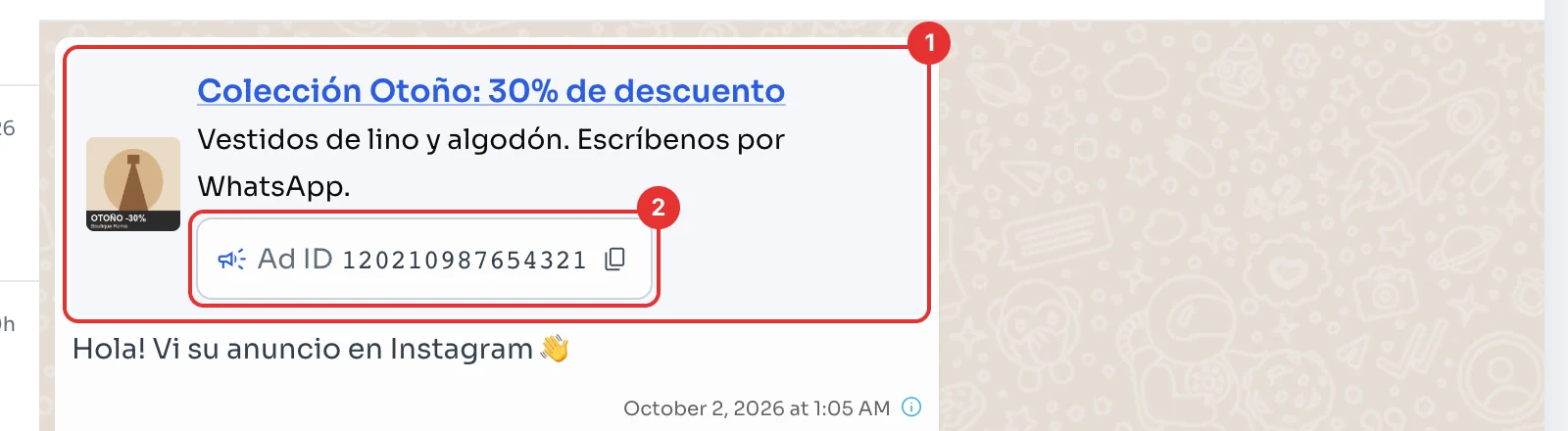 Customer's first message with the ad card and its ID
