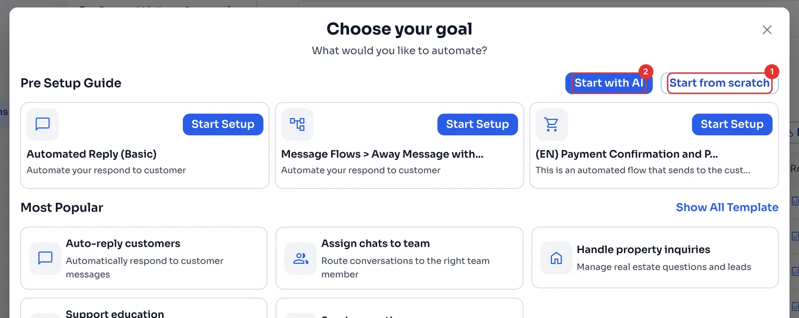 Choose your goal window with Start from scratch and Start with AI