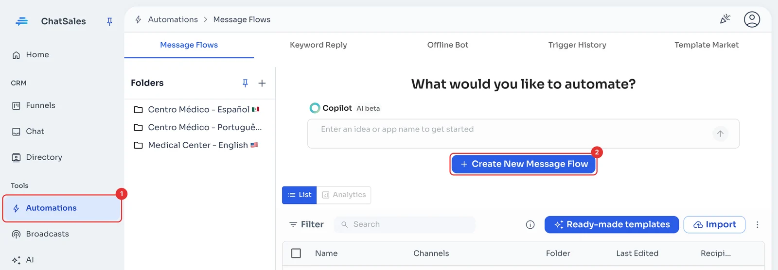 Message Flows with the Create New Message Flow button