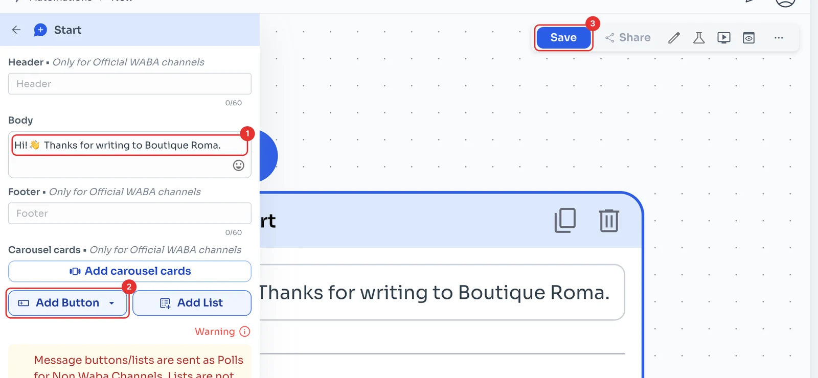 Message editor with Body, Add Button and Save