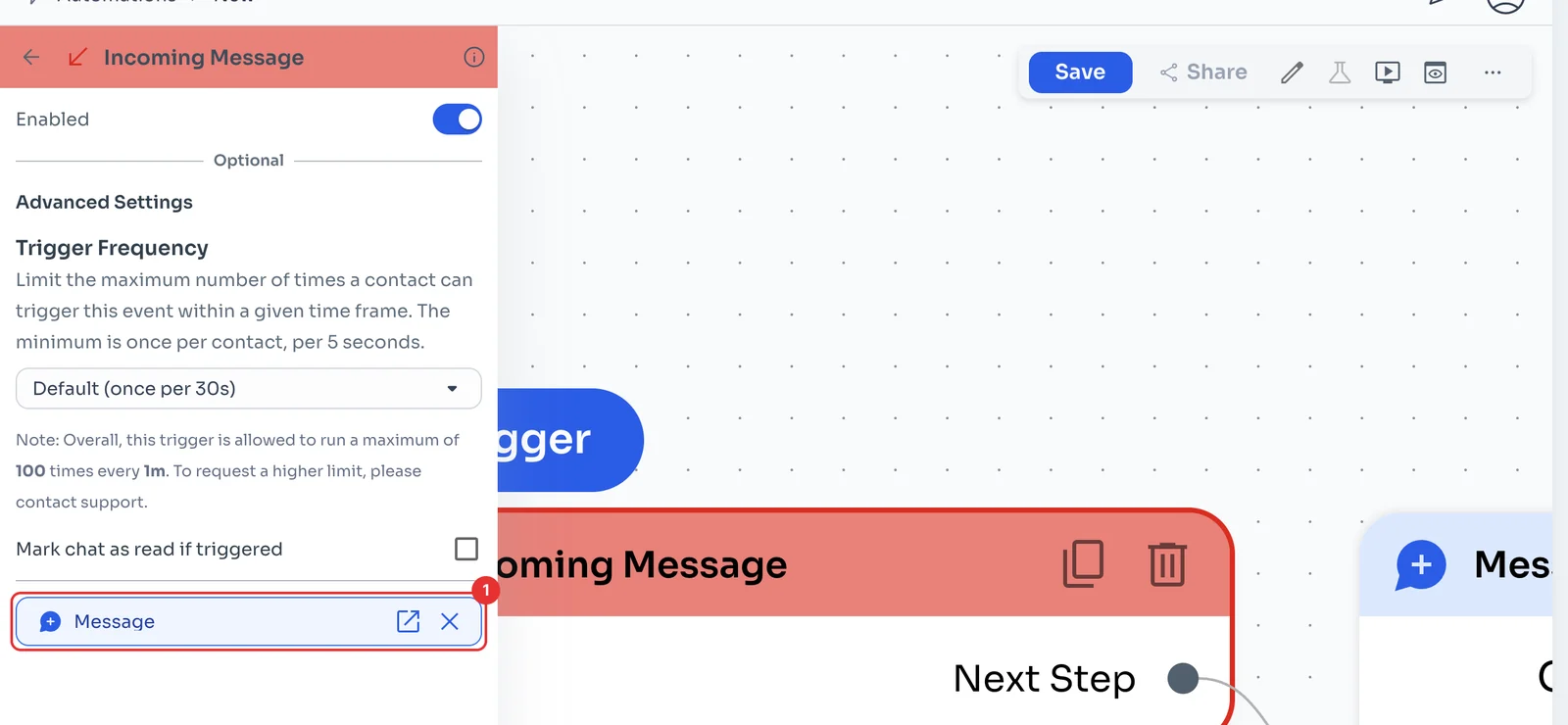 Trigger panel with the linked message