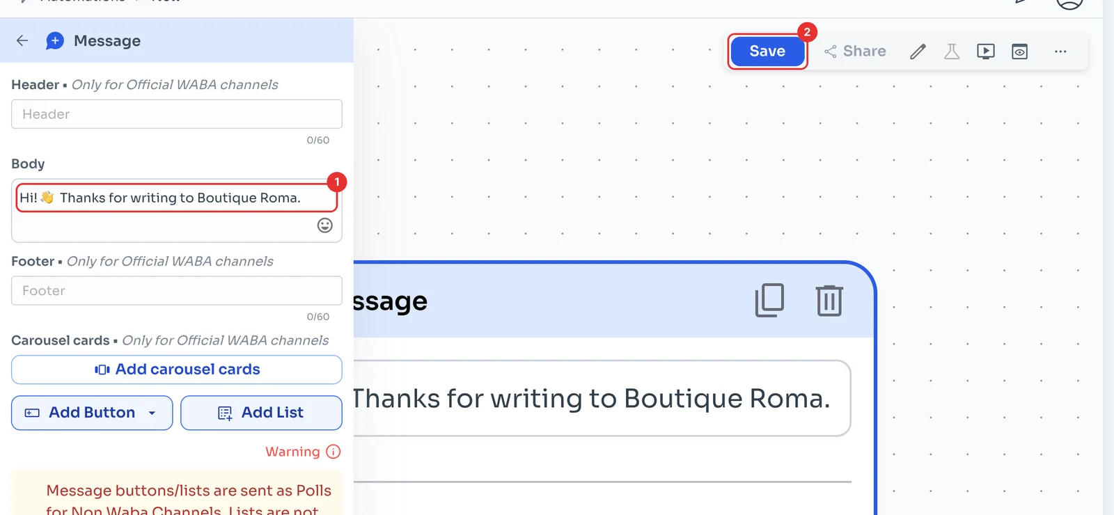 Editor of the message linked to the trigger, with Body and Save