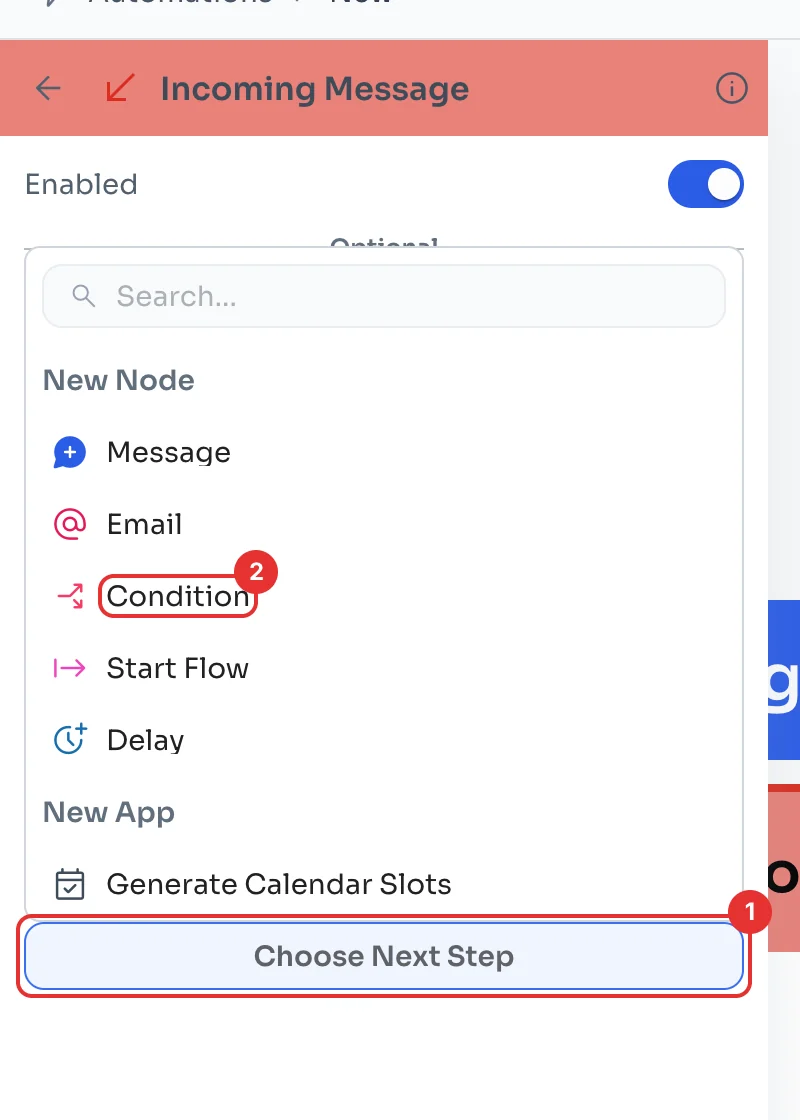 Choose Next Step menu with the Condition option