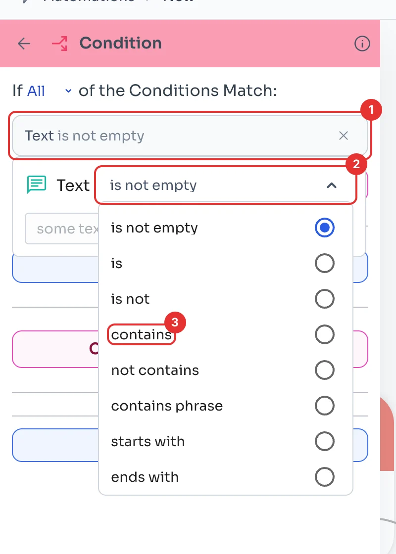 Rule open with the comparison list and the contains option