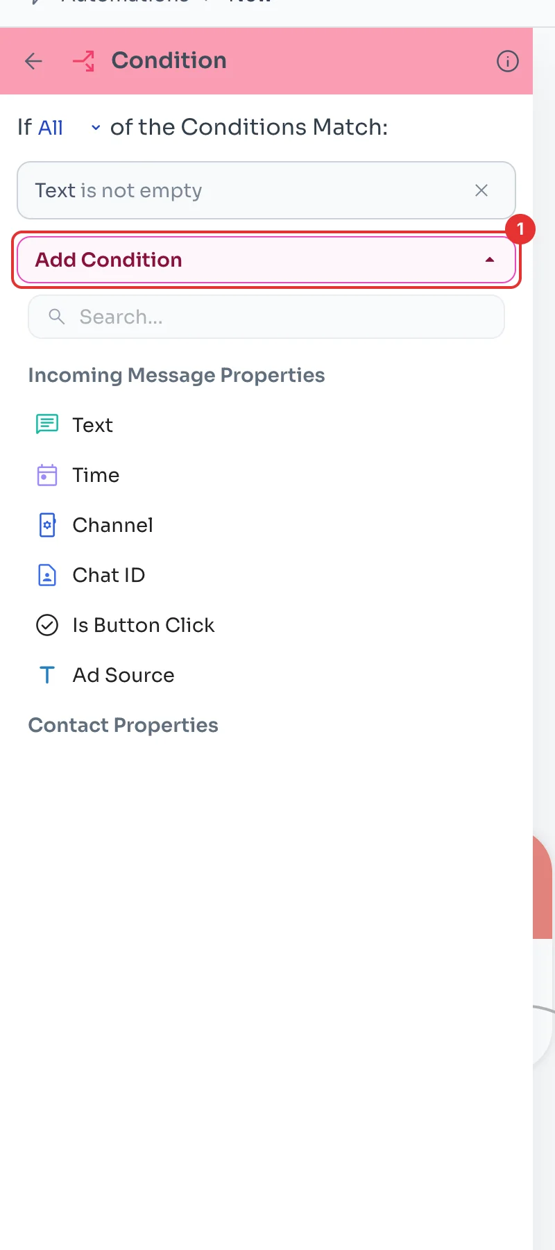 Property list after clicking Add Condition