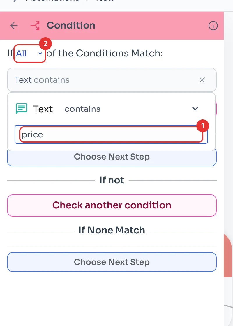 Rule Text contains price with the All or Any selector