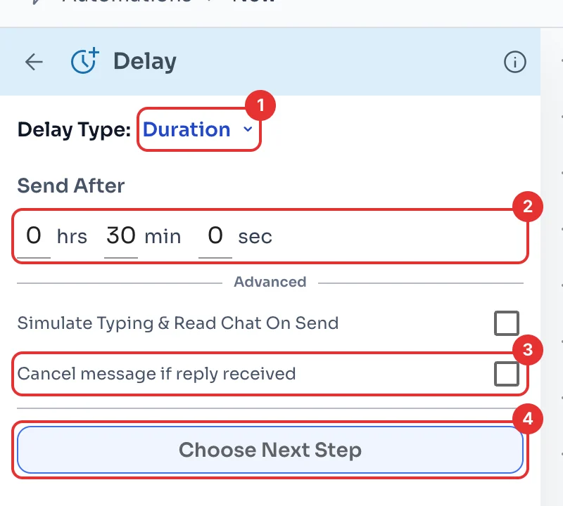 Delay panel with Send After, the cancel option and Choose Next Step
