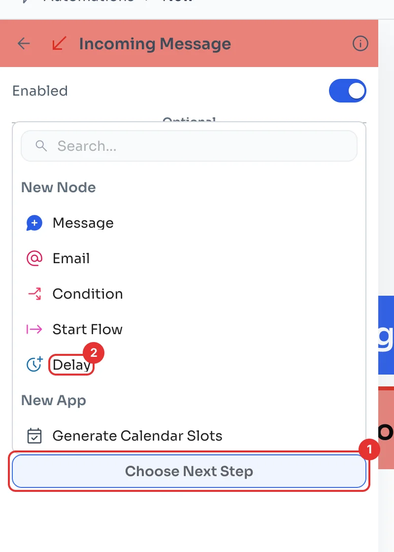 Choose Next Step menu with the Delay option