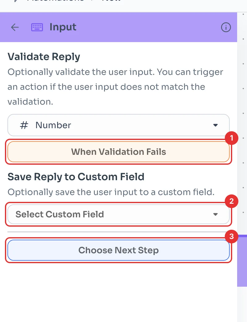 Input panel with When Validation Fails, the custom field and Choose Next Step