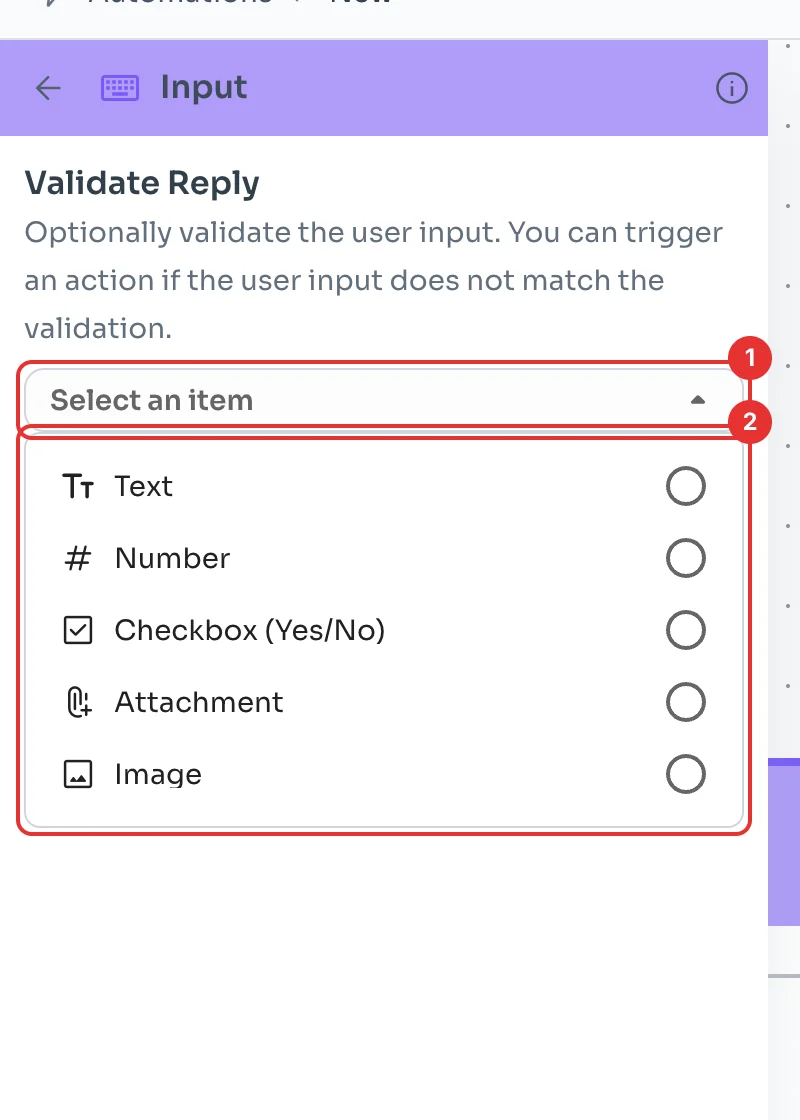 Answer type list: Text, Number, Checkbox, Attachment and Image