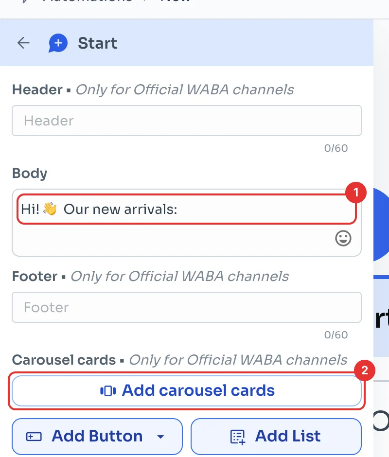 Message editor with Body and Add carousel cards