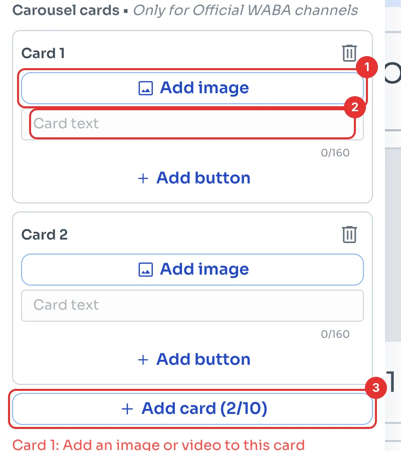 Card with Add image, Card text and Add card