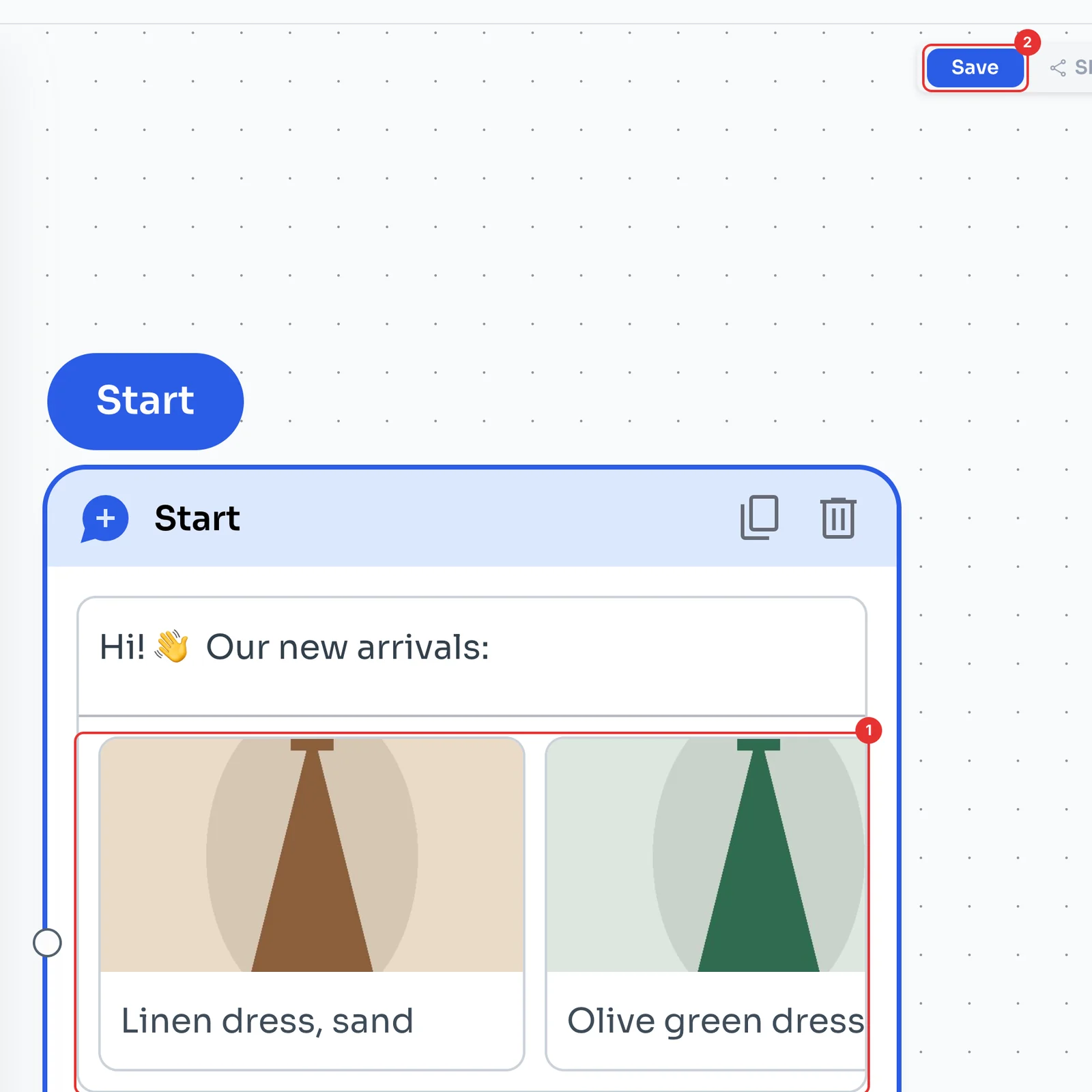 Carousel with two cards on the canvas and the Save button