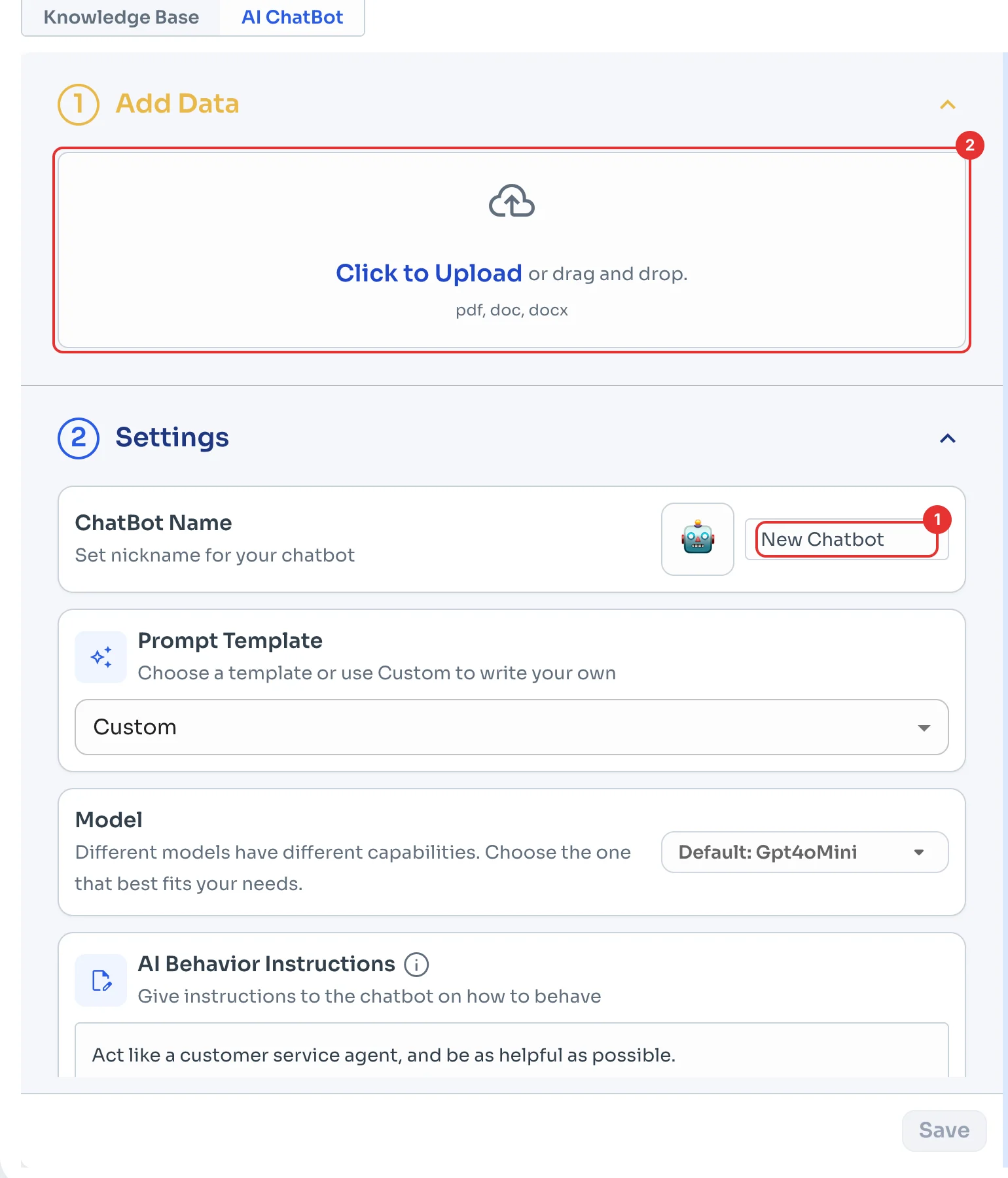ChatBot Name and the Add Data upload area