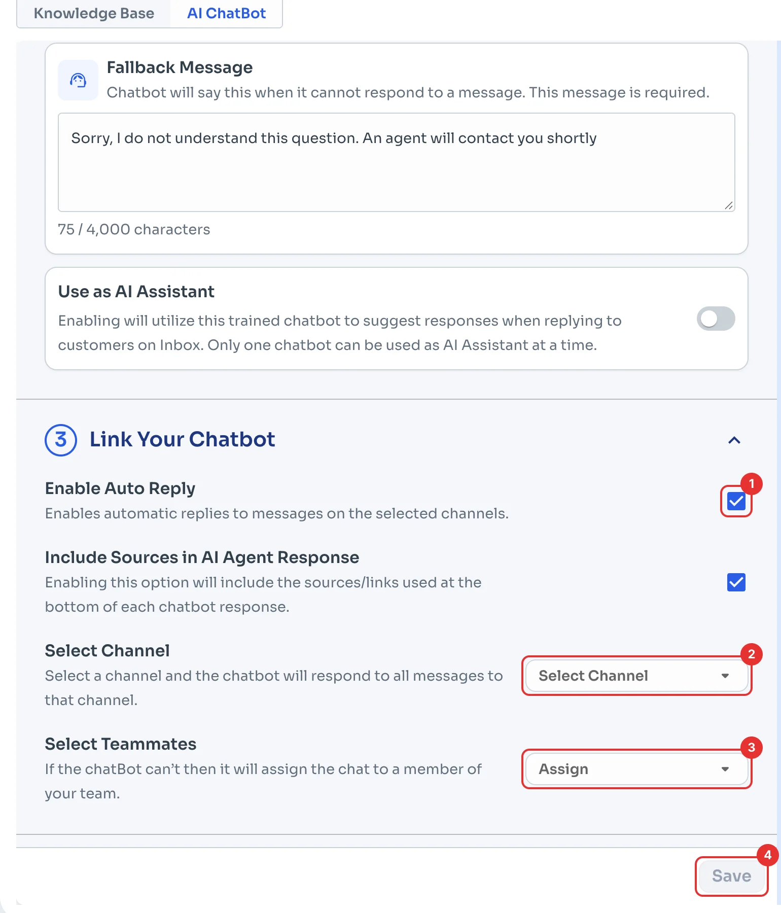 Link Your Chatbot with auto reply, channel, teammates and Save
