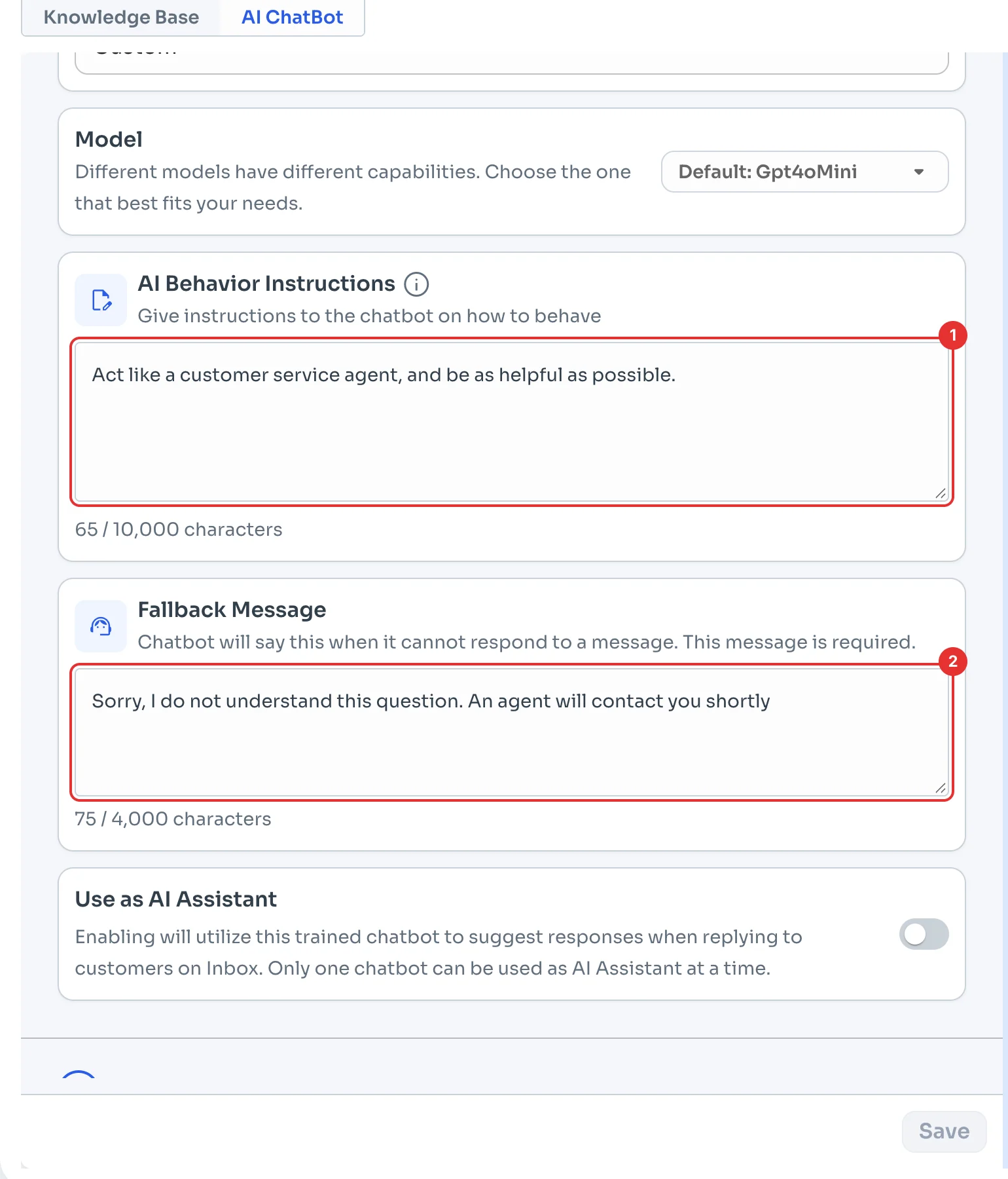 AI Behavior Instructions and Fallback Message