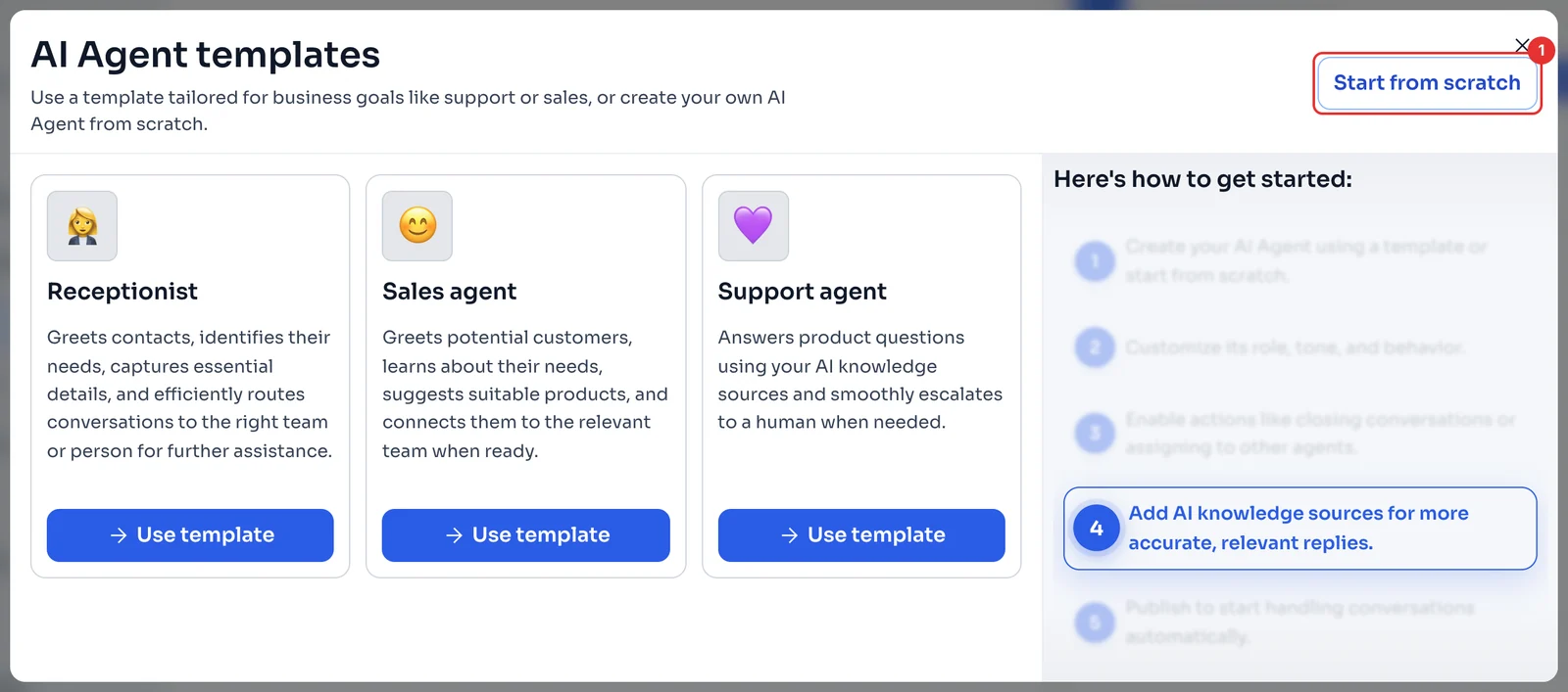 AI Agent templates window with Start from scratch